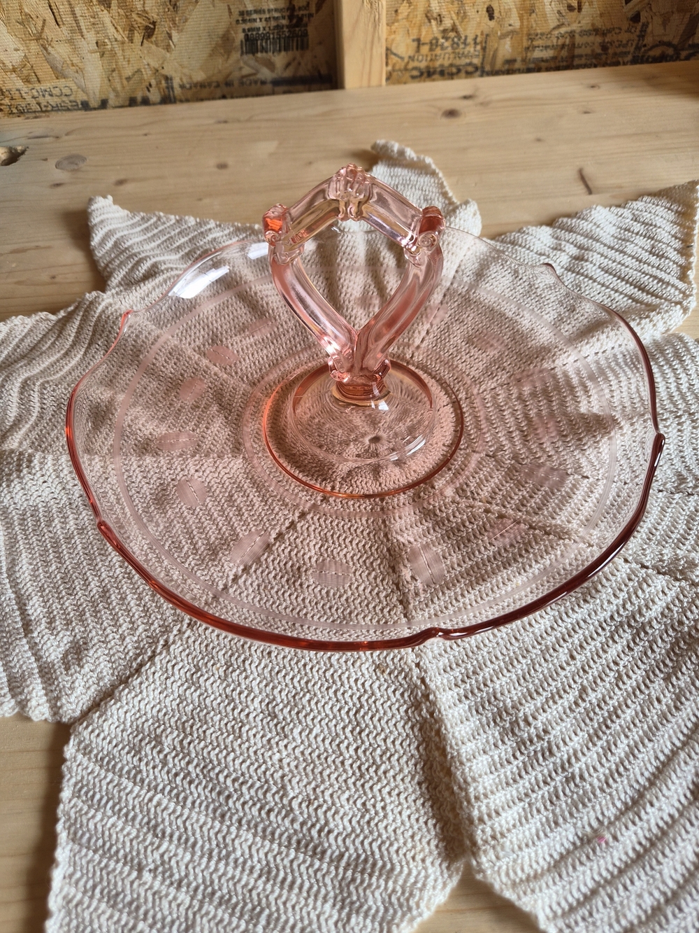 Vintage Pink Depression Glass, Etched Platter With Handle